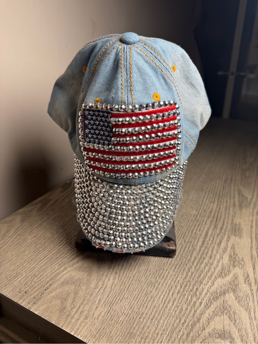 Rhinestone American Flag Denim Baseball Cap - Light Blue